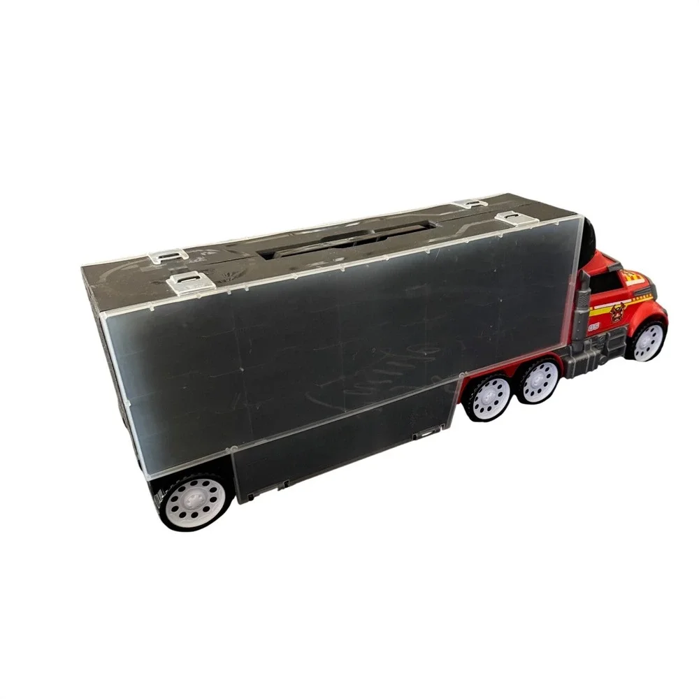 Fire Rescue Toy Truck Carrier Case Red Semi Trailer Holds 24 Diecast Cars